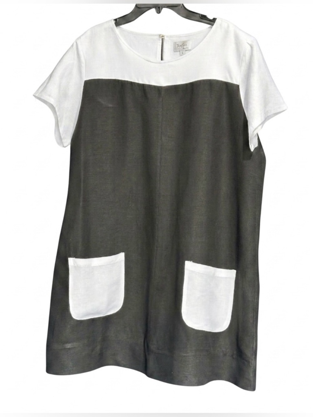 100% Linen Toofan Black White Color Block Shift Dress Pockets Size L